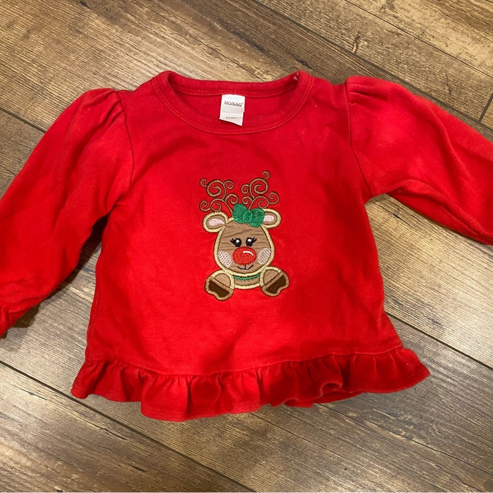 Red Long Sleeve Kids Shirt with Reindeer Design